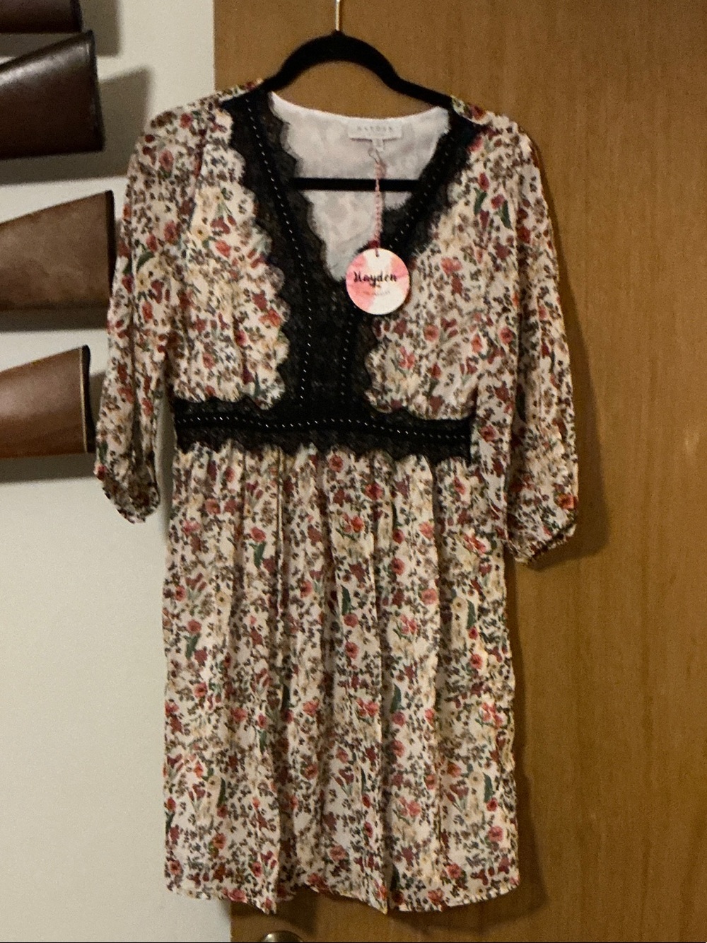 Floral Lace-Trim Empire Waist Kids Dress - Cream/Black